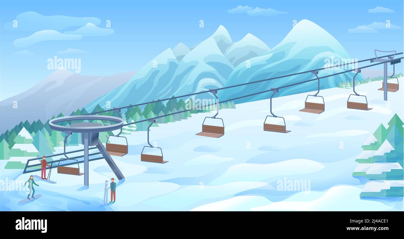 Winter Outdoor Resort Hintergrund mit Skilift und Touristen Auf verschneite Natur Landschaft Vektorgrafik Stock Vektor
