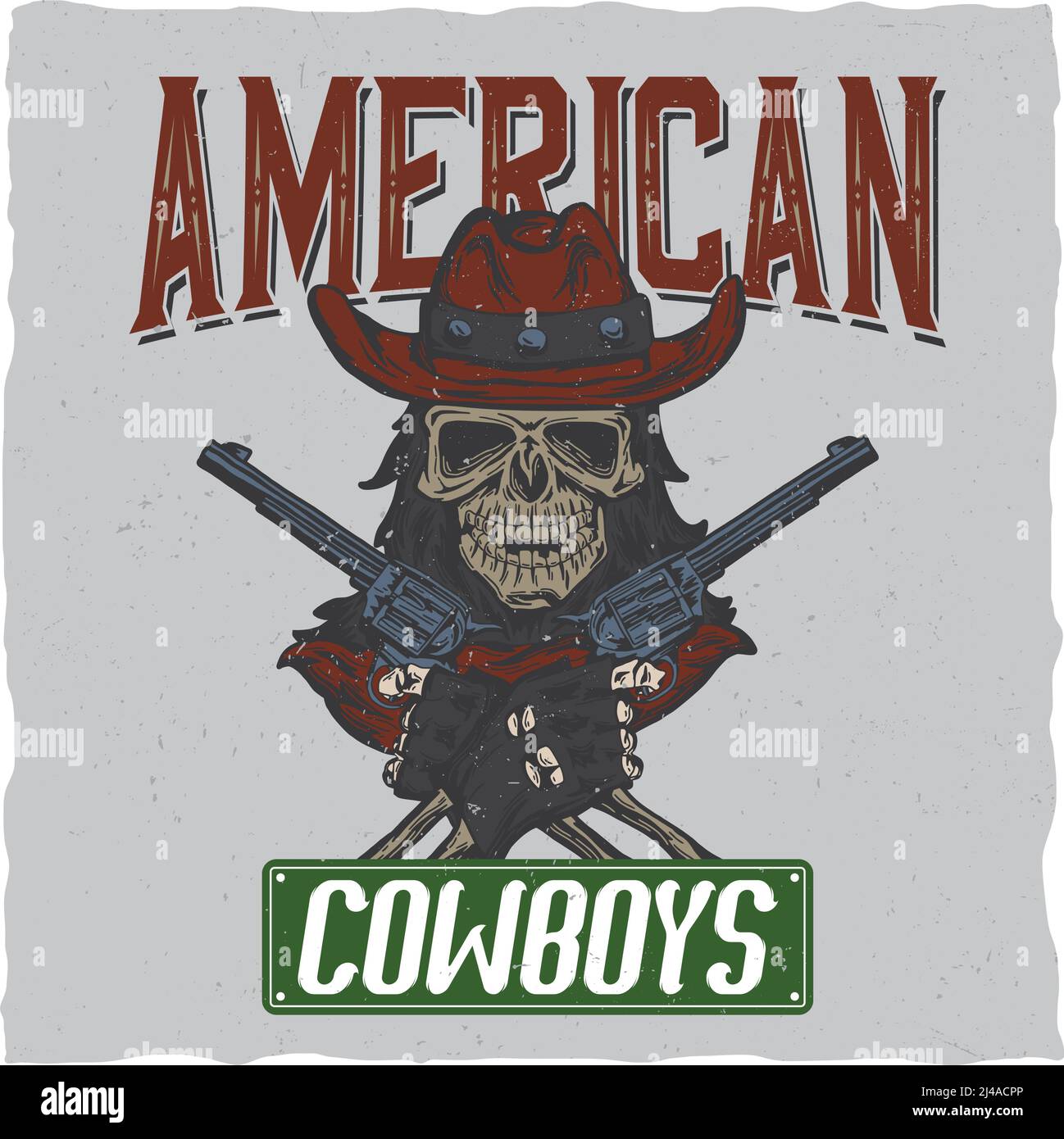 Cowboy T-Shirt Label-Design mit Abbildung von Schädel ath der Hut mit zwei Pistolen an den Händen. Handgezeichnete Abbildung. Stock Vektor