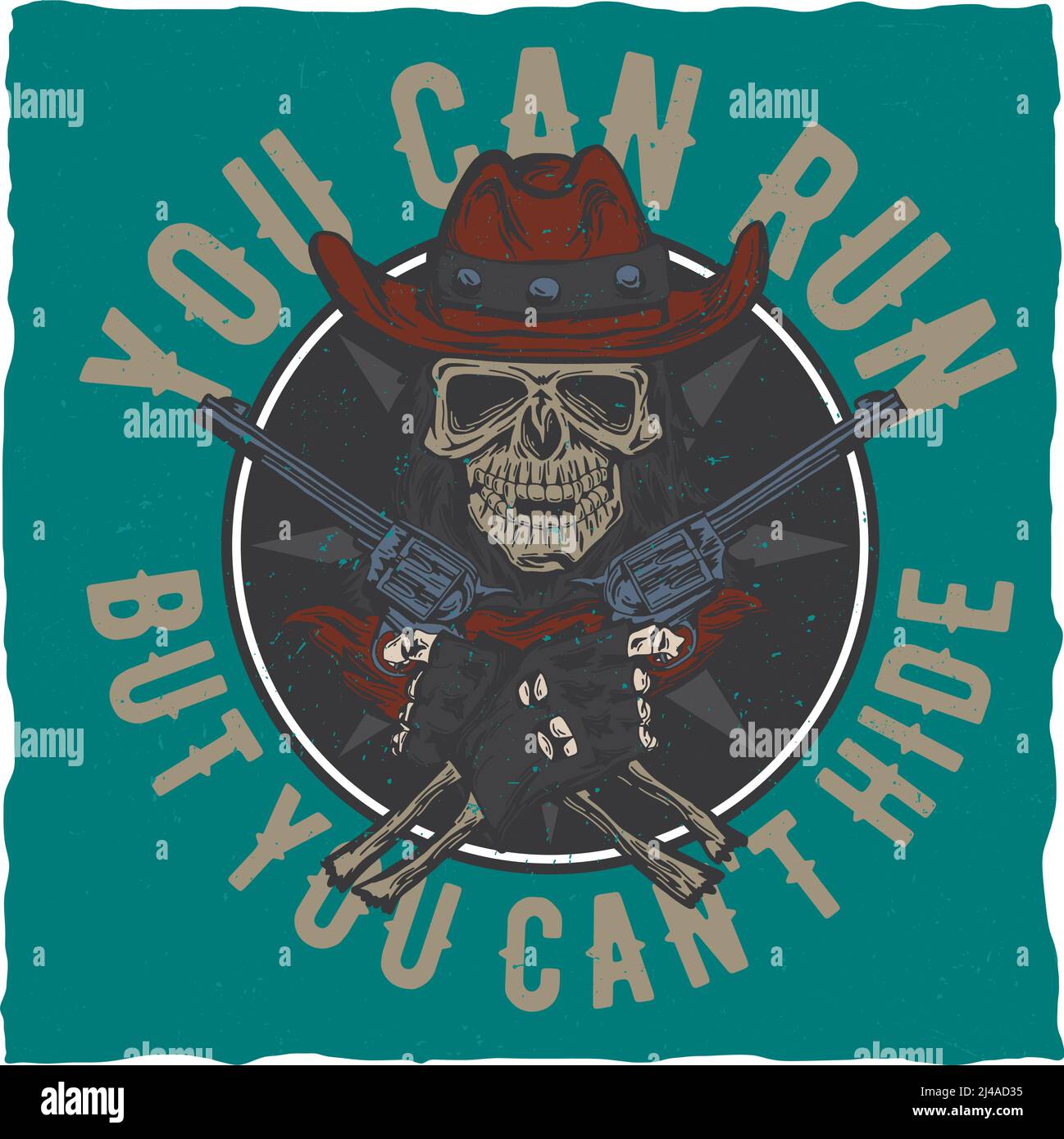 Cowboy T-Shirt Label-Design mit Abbildung von Schädel ath der Hut mit zwei Pistolen an den Händen. Handgezeichnete Abbildung. Stock Vektor