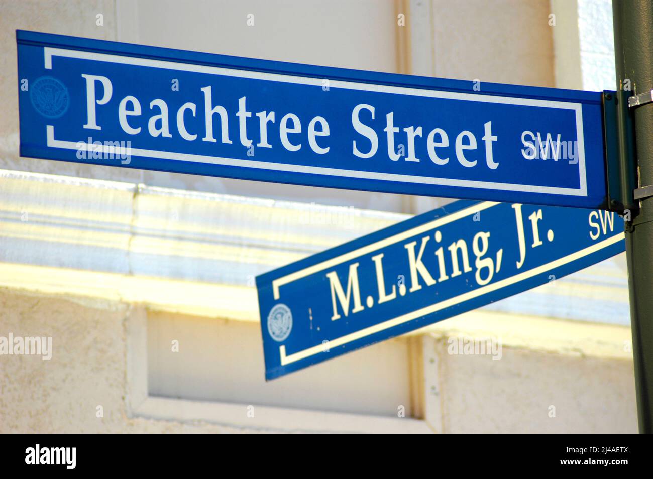 Ecke von Peachtree und Martin Luther King in der Innenstadt von Atlanta Stockfoto