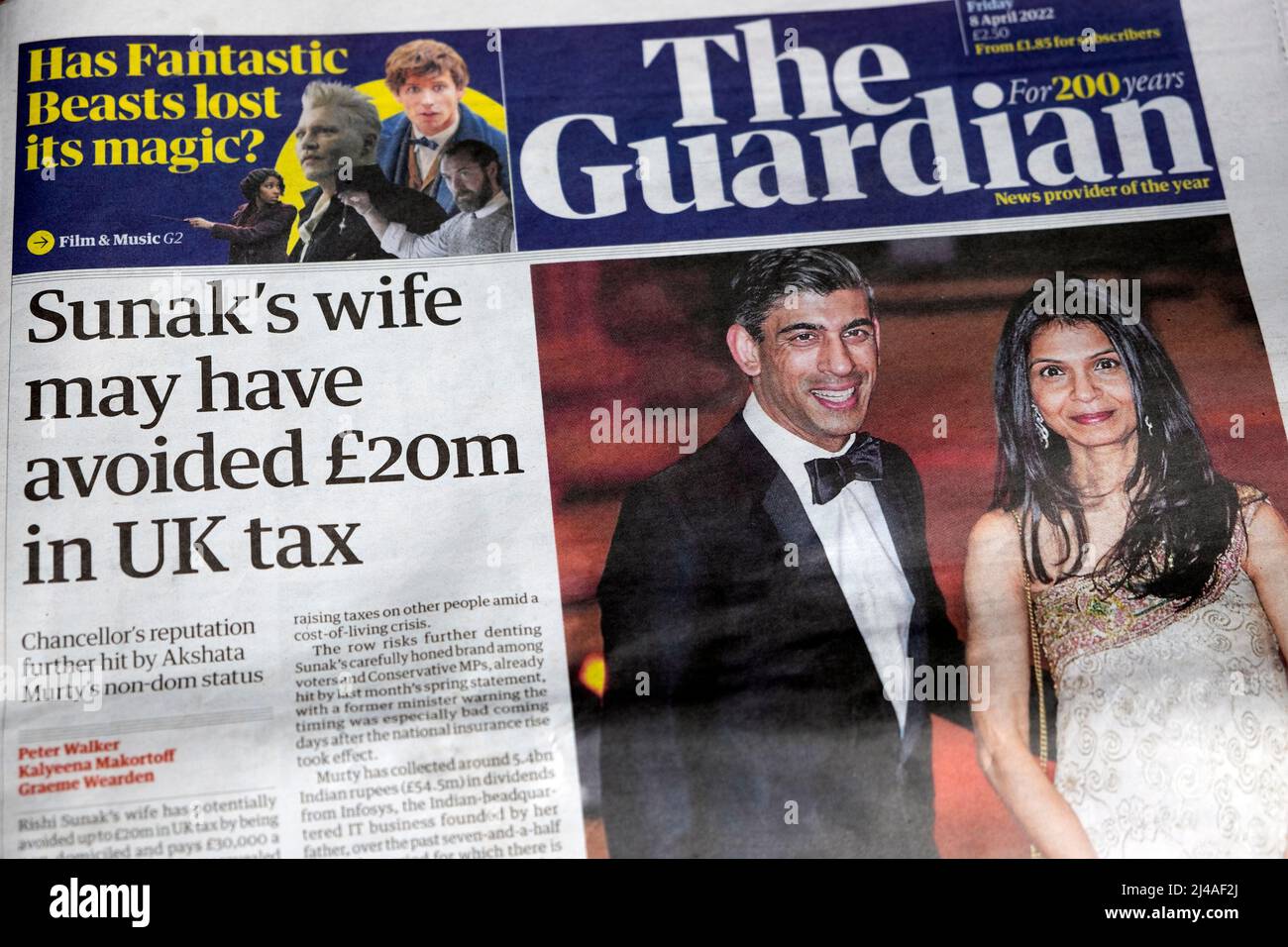 Rishi 'Sunaks Frau könnte 20m £an britischer Steuer vermieden haben' Akshata Murthy auf der Titelseite der Zeitung Guardian London England Großbritannien 8. April 2022 Stockfoto