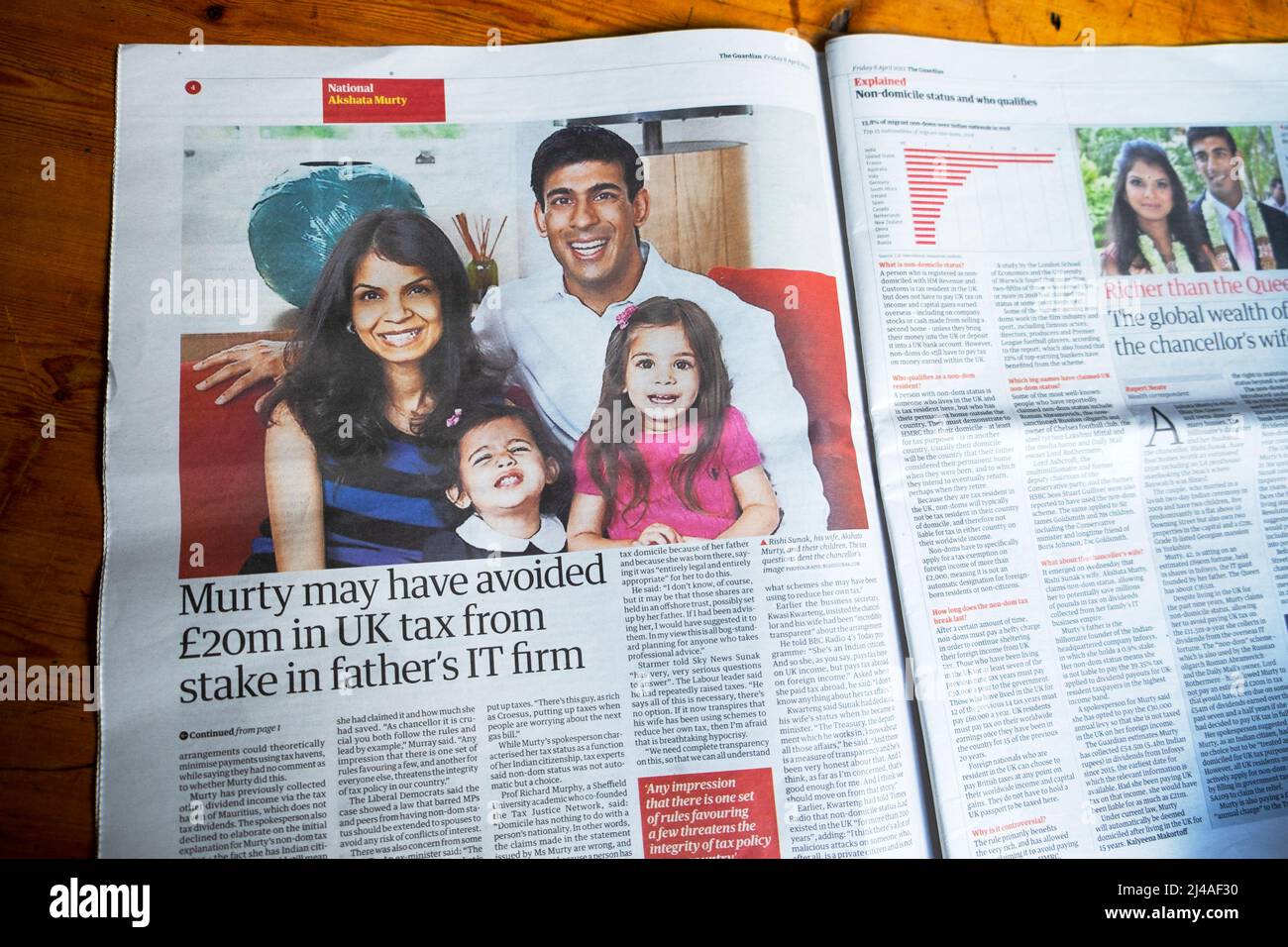 „Murty hat möglicherweise 20m £an britischer Steuer aus der Beteiligung an der IT-Firma des Vaters vermieden“ Schlagzeile der Zeitung Infosys Guardian London England UK 8 April 2022 Stockfoto