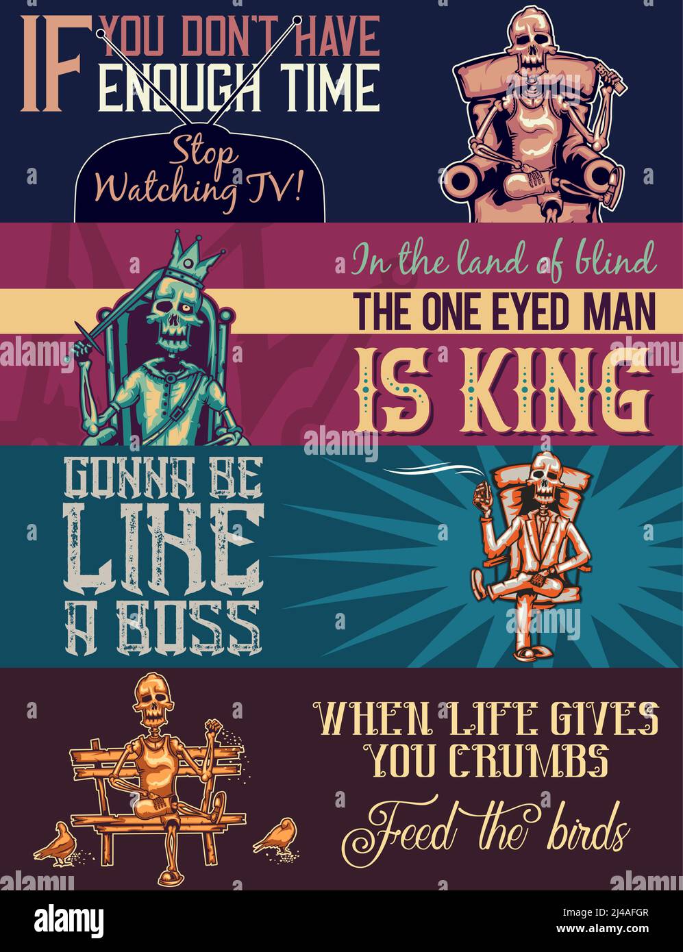 Webbanner-Vorlage mit Abbildungen des Skeletts auf Sessel, Thron, Sofa und Bank. Stock Vektor