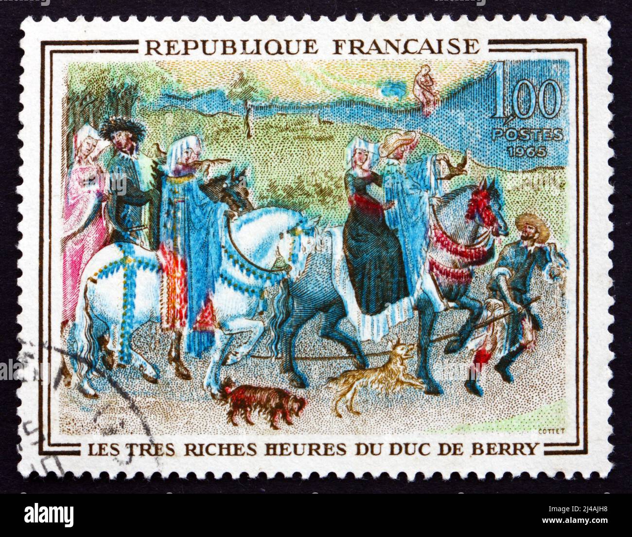 FRANKREICH - UM 1965: Eine in Frankreich gedruckte Briefmarke zeigt das Buch der Stunden von Jean de France, das von Flämisch Brothe gemalt wurde Stockfoto