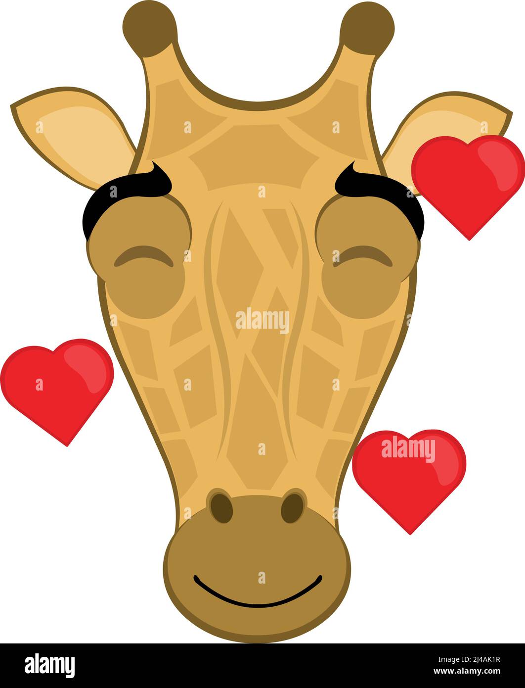 Vektor-Illustration des Gesichts einer Cartoon-Giraffe mit einem glücklichen Ausdruck der Liebe und umgeben von Herzen Stock Vektor