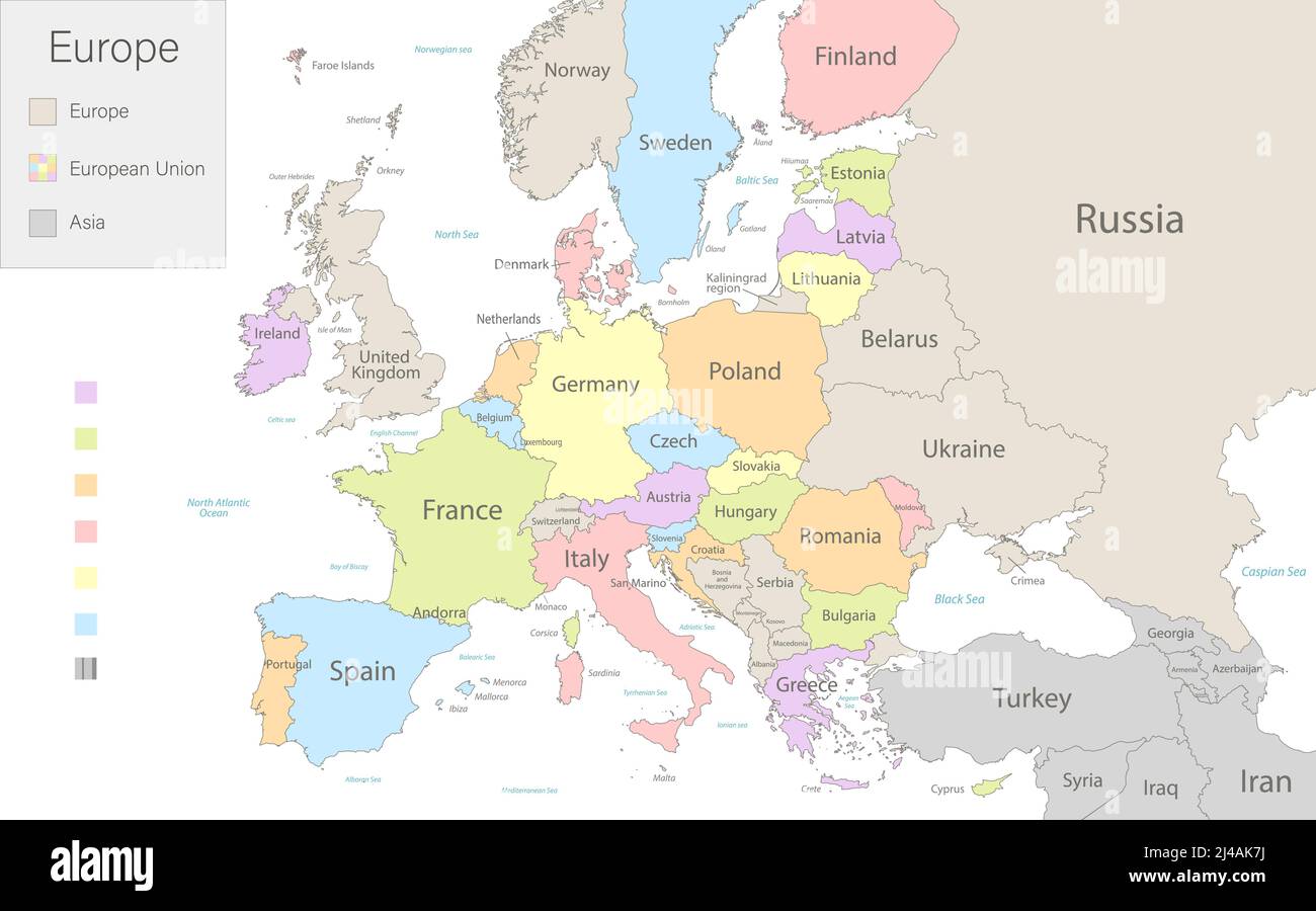 Karte von Europa mit der Europäischen Union und Teilen Asiens geteilt, um Staaten zu trennen Vektor Stock Vektor