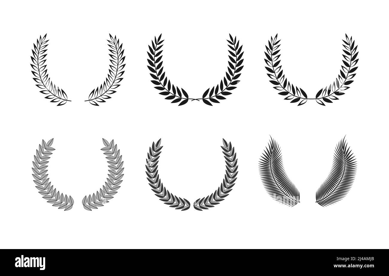 Einfarbige Award-Logos. Set aus königlichen Palmenzweigen in schwarz-weißem Stil. Isolierte abstrakte Grafik-Design-Vorlage. Kreative Auszeichnungen Stock Vektor