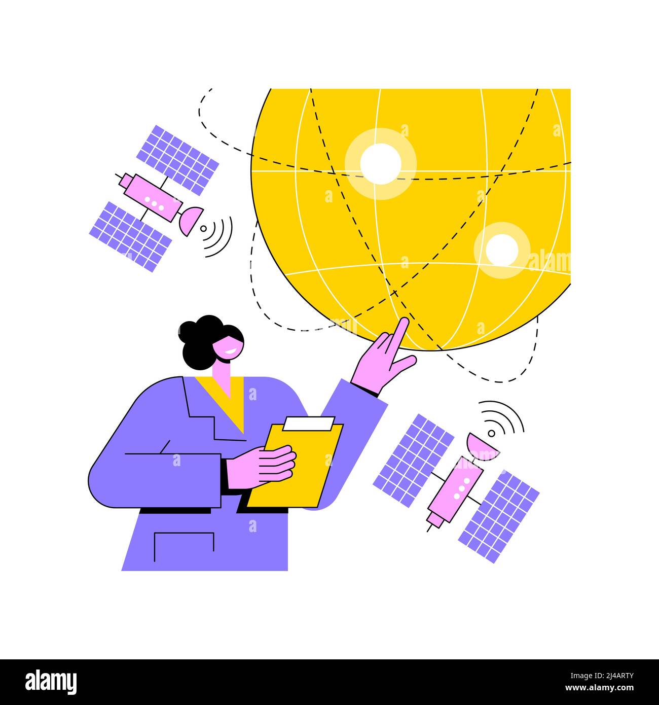 Abstraktes Konzept Vektorgrafik Erdbeobachtung. Raumfahrttechnik, Planetenwissenschaft, Satellitenservice, Geoinformation, angewandte Erdbeobachtung, Abstrakte Metapher der Fernerkundung. Stock Vektor