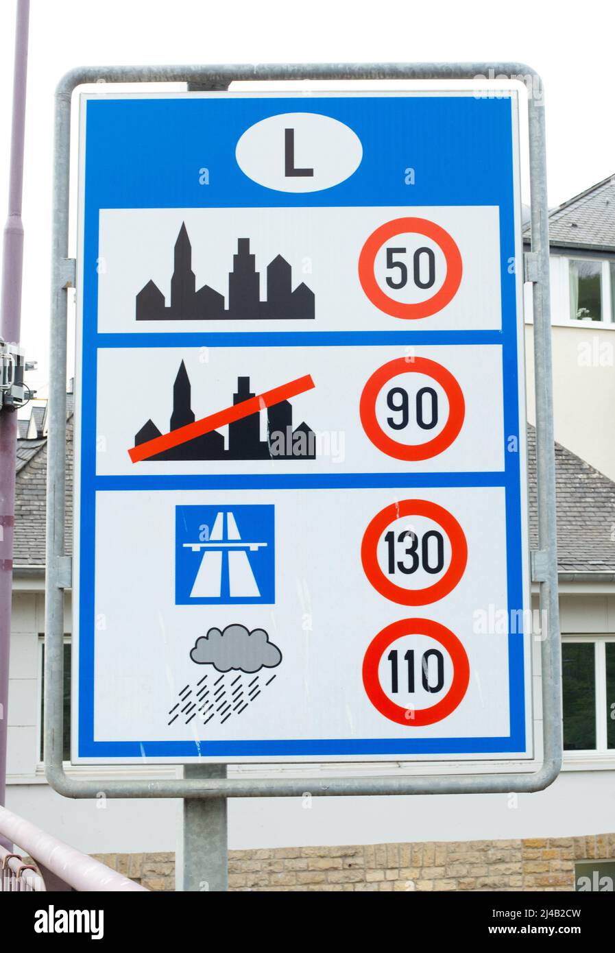 Luxemburger Straßenschild mit Geschwindigkeitsbegrenzungen, Grenzüberfahrt zu den Benelux-Ländern, Verkehrs- und Verkehrsrecht an der Borde Stockfoto