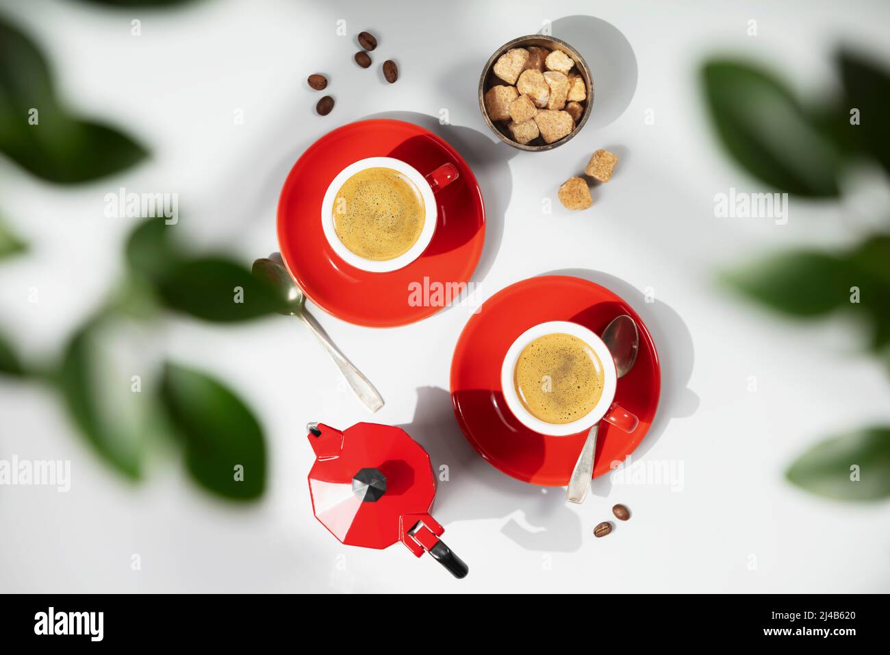 Kaffeekomposition auf hellgrauem Hintergrund mit grünen Ästen, flach liegend, Draufsicht Stockfoto
