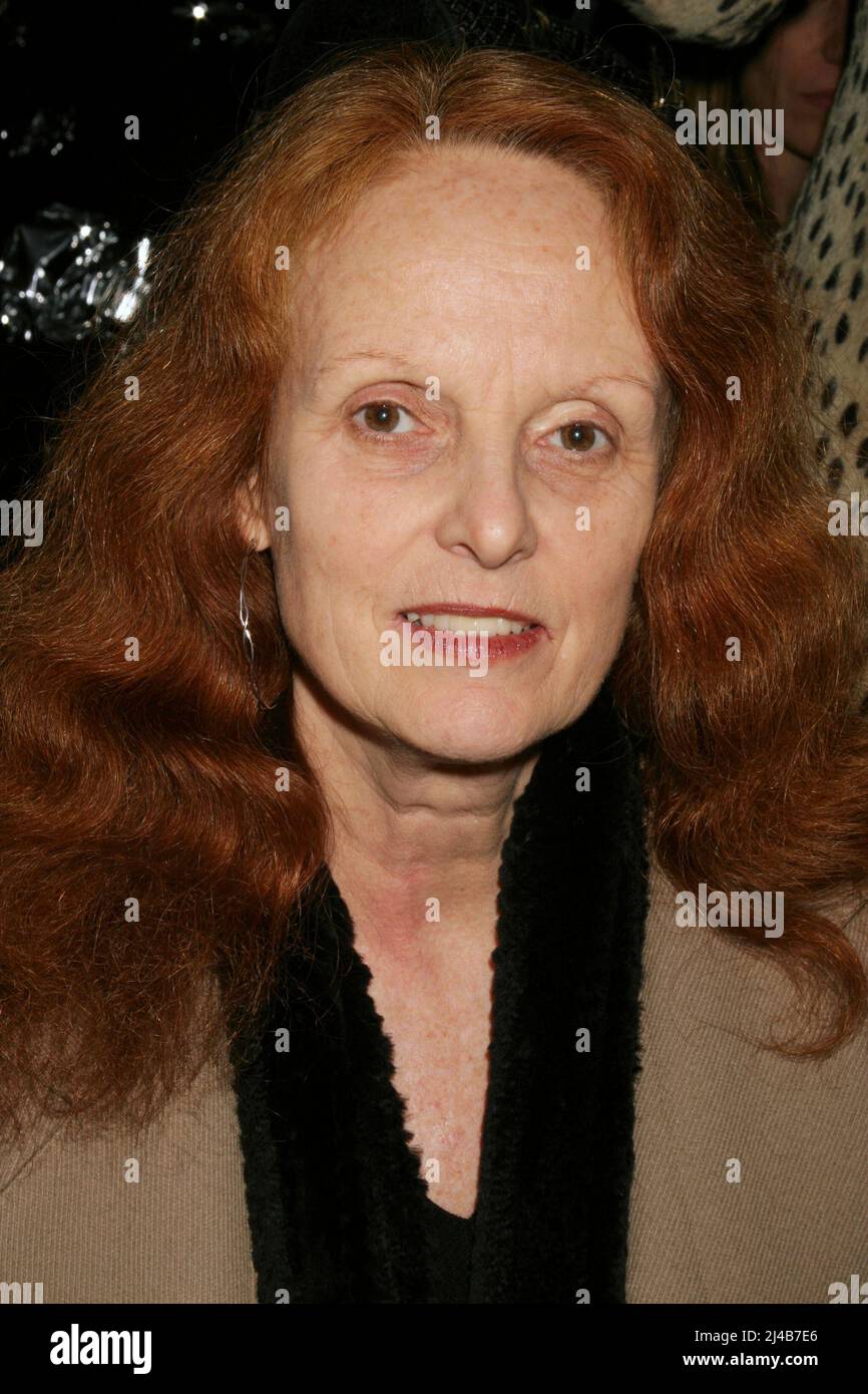 Am 12. Februar 2004 nimmt Grace Coddington an der Zac Posen Ausstellung der Herbstkollektion im Zelt im Bryant Park in New York City Teil. Foto: Henry McGee/MediaPunch Stockfoto