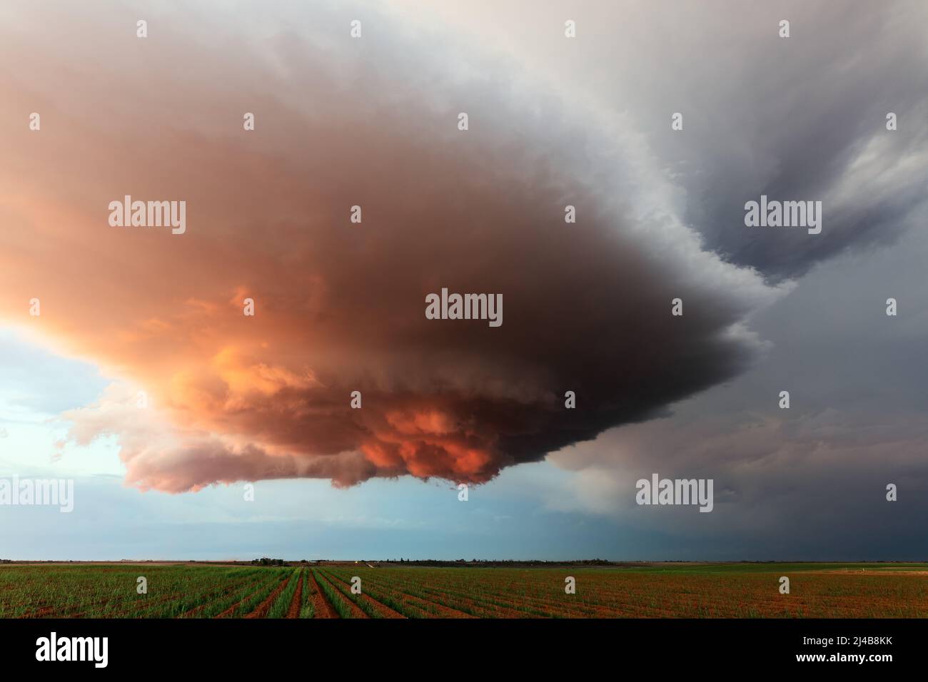 Dramatische supercell-Sturmwolken bei Sonnenuntergang in der Nähe der Erde, Texas, USA Stockfoto