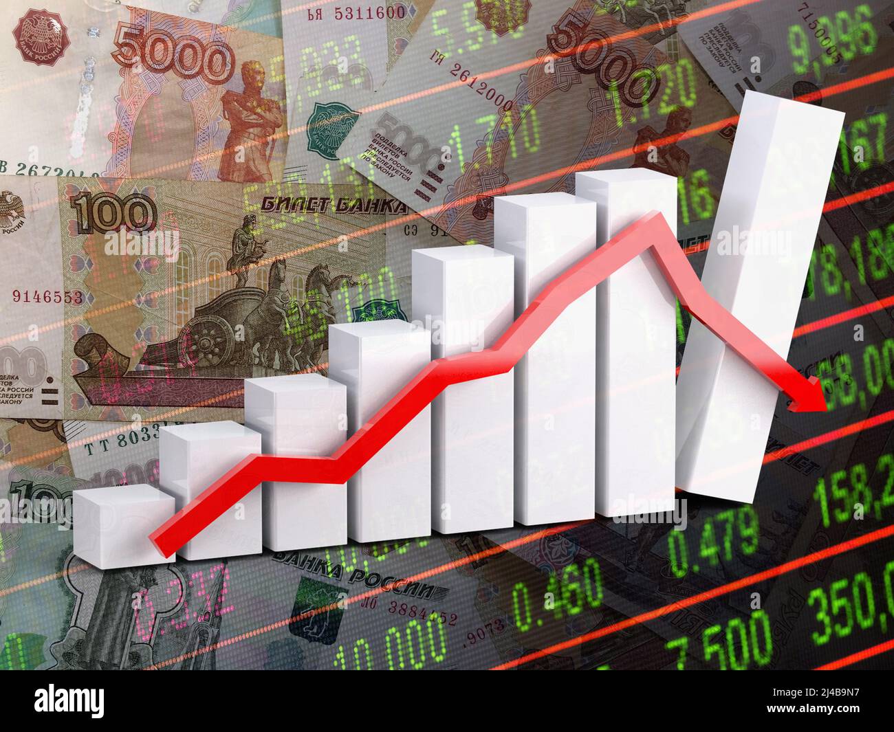 Wirtschaftsdiagramm: Russischer Rubel, Aktienmarktindikatoren und roter Aufwärtspfeil Stockfoto