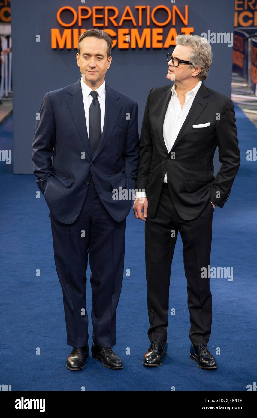 Matthew Macfadyn und Colin Firth besuchen die britische Premiere der Operation Mincemeat auf dem Curzon Mayfair am 12. April 2022 in London, England. Stockfoto