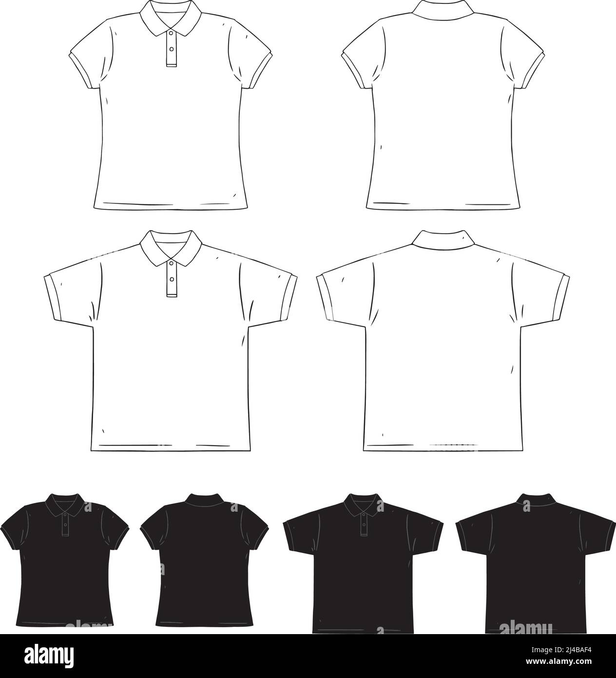 Handgezeichnete Vektor-Illustration von leeren Männern und Frauen Kurzarm-Poloshirt-Design-Vorlage. Hemdseiten vorne und hinten. Weiß und Schwarz. Stock Vektor