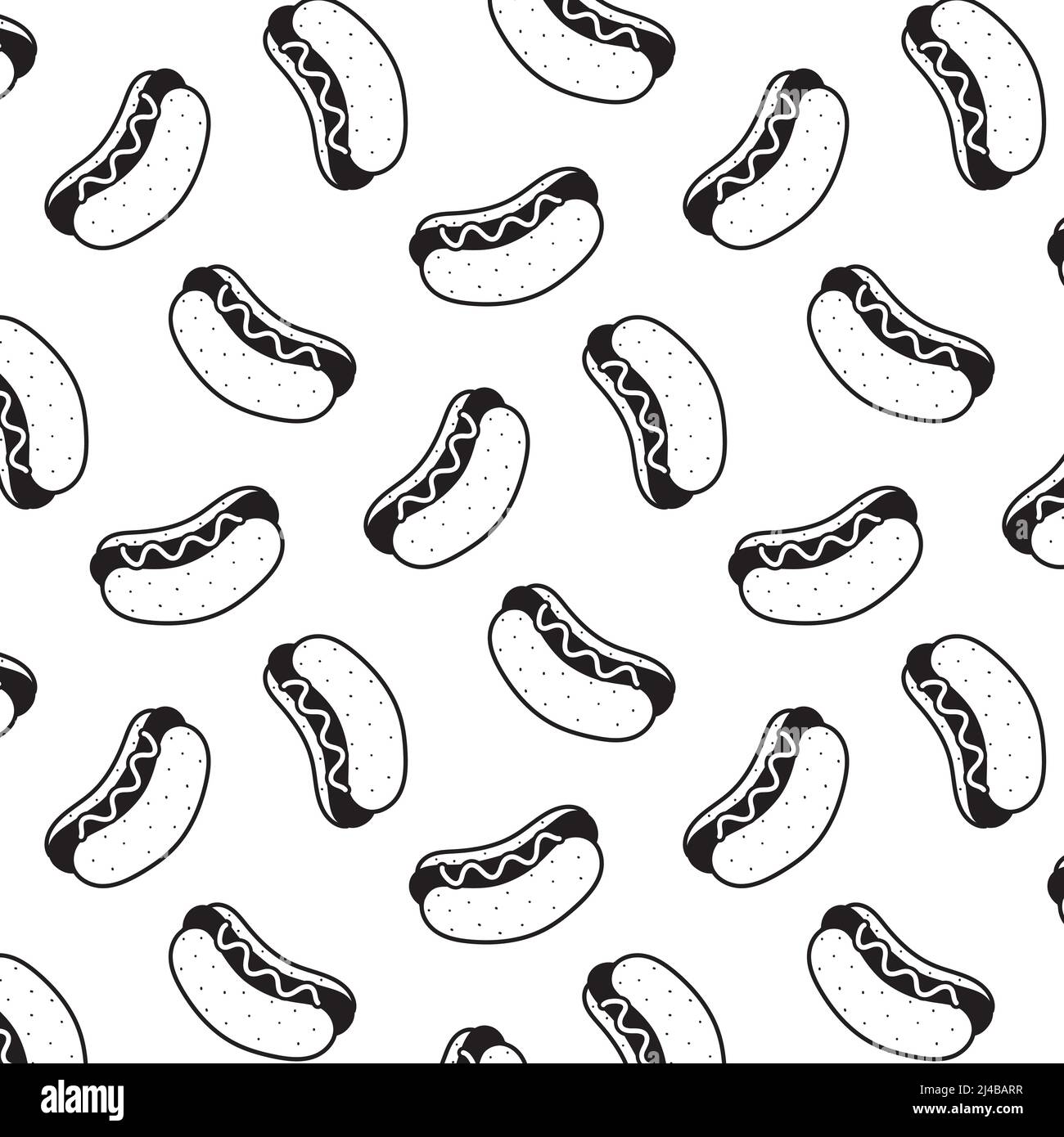 Handgezeichnete Vektor-Illustration von Hotdog-Muster. Schwarz und weiß. Cartoon-Stil. Stock Vektor