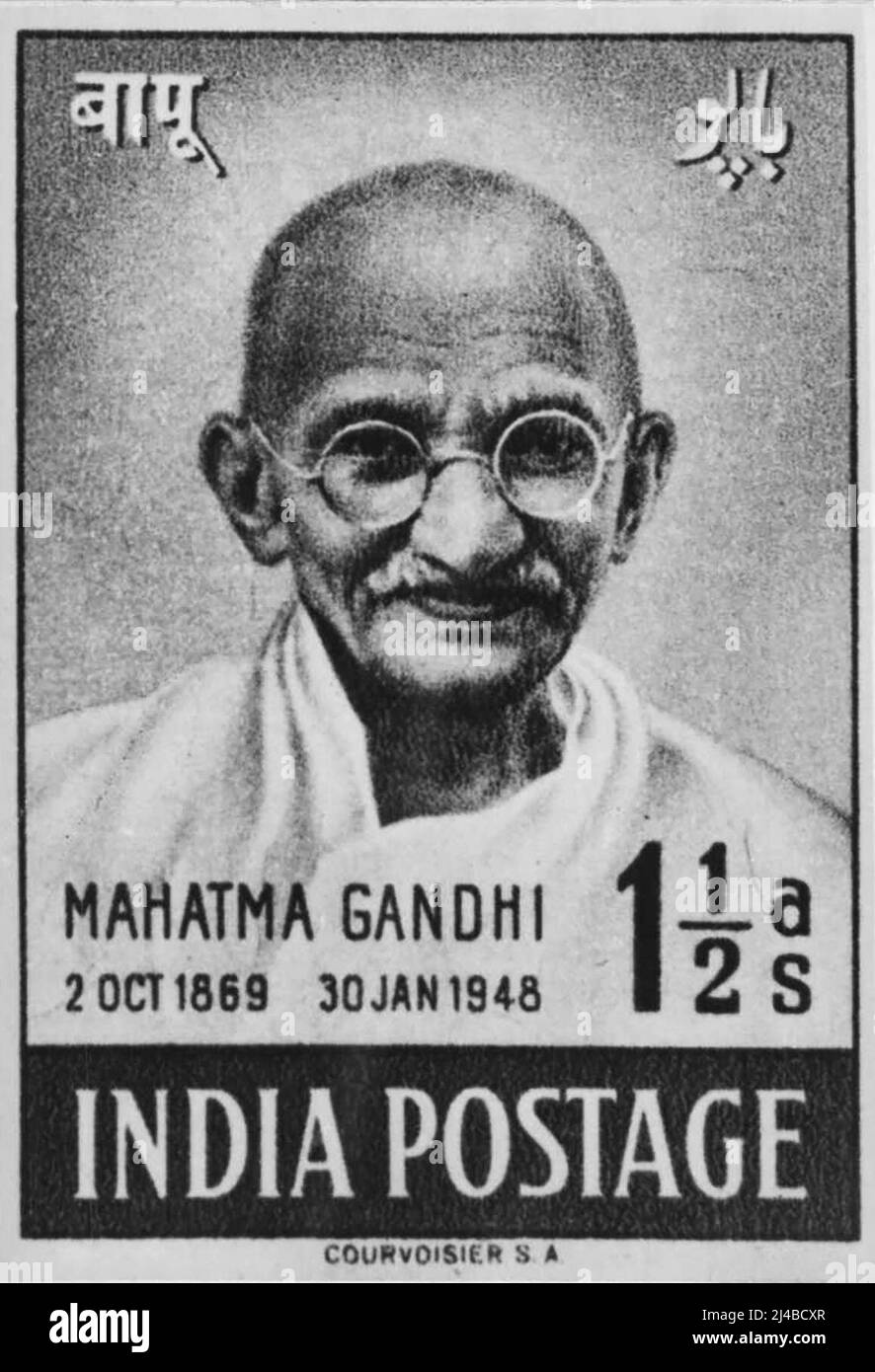 Mahatma Gandhi Memorial Stamp -- über 3 crores dieser Marken werden gedruckt und anlässlich des ersten Jahrestages des Unabhängigkeitstages ausgegeben. Fünf Millionen Marken dieser Bezeichnung haben Indien bereits aus der Schweiz erreicht, wo sie im Fotogravdruck gedruckt werden. Die anderen Bezeichnungen sind 3½ as, 12 as. Und RS. 10. 27. Juli 1948. Stockfoto