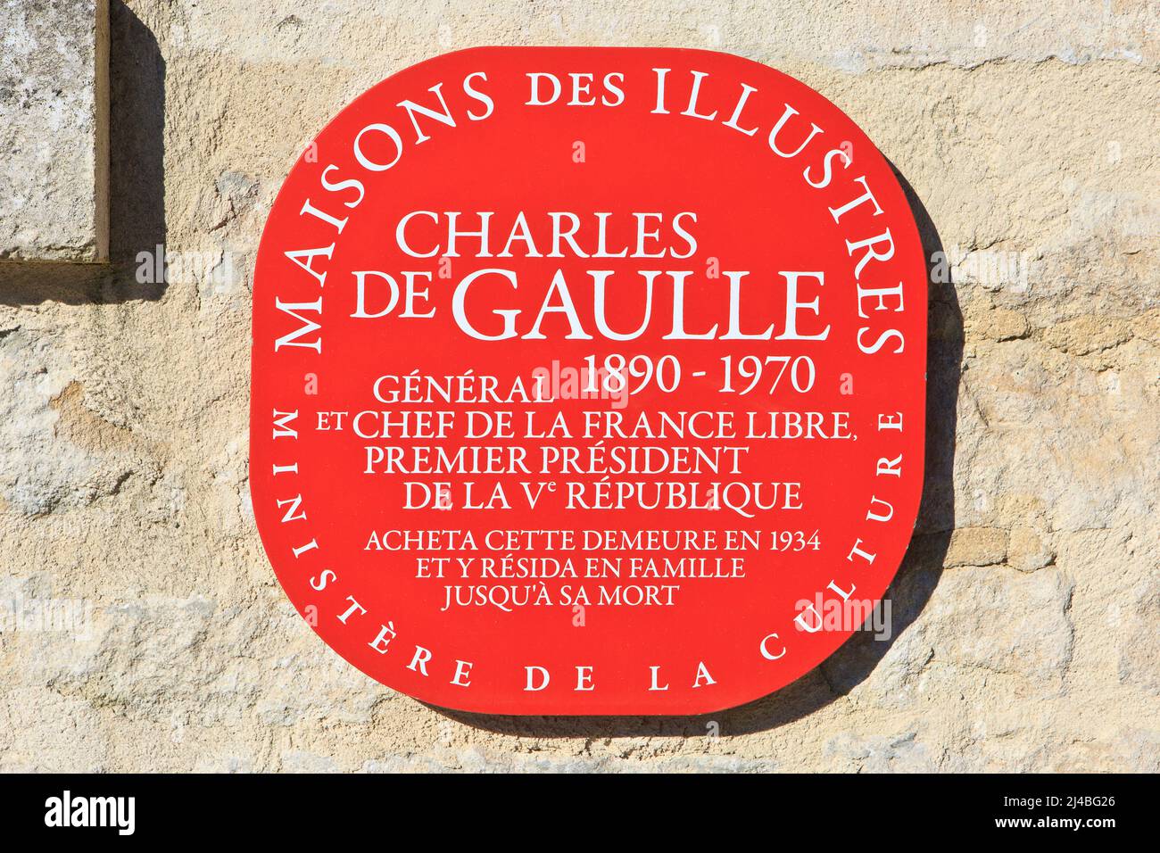 Plakette in der 'La Boisserie', dem ehemaligen Wohnsitz des französischen Präsidenten Charles de Gaulle (1890-1970) und seiner Familie in Colombey-les-Deux-Eglises, Frankreich Stockfoto