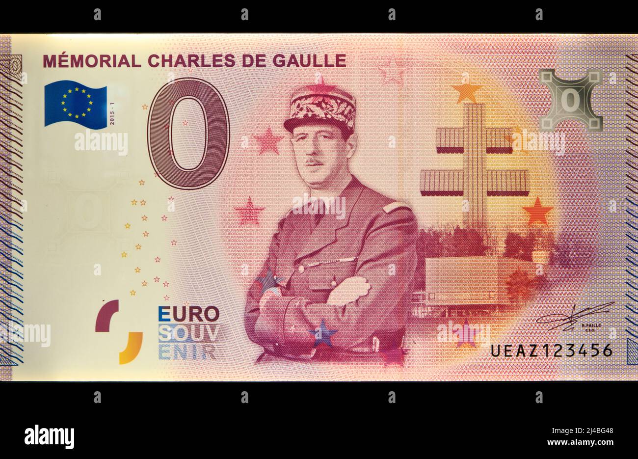 Der französische Präsident Charles de Gaulle (1890-1970) auf einer 500-Euro-Banknote/Souvenir im Charles de Gaulle-Denkmal in Colombey-les-Deux-Eglises, Frankreich Stockfoto