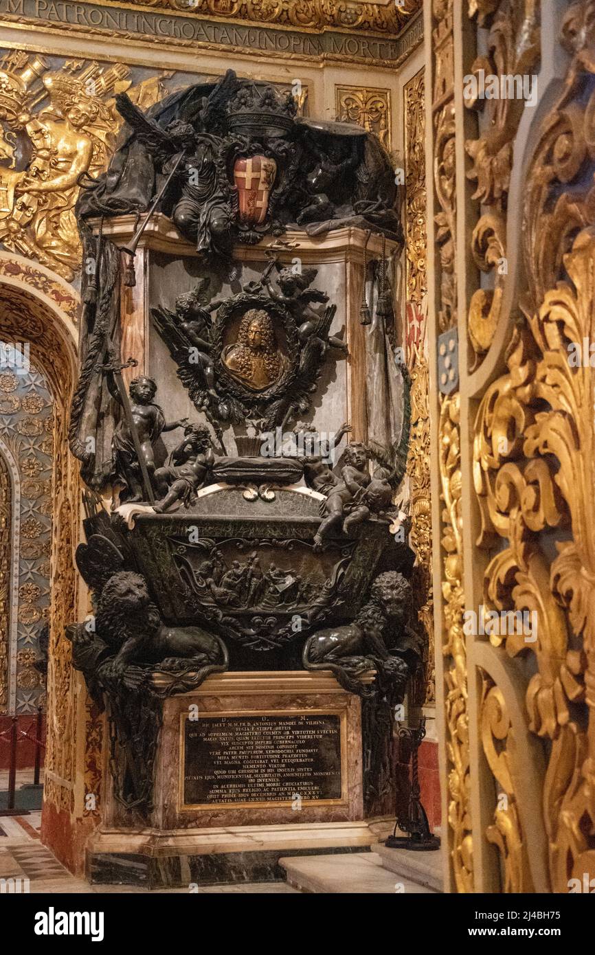 Grabmal des portugiesischen Großmeisters Anton Manoel de Vilhena in der Kapelle der Langue von Kastilien, Leon und Portugal in St. John's Co Stockfoto