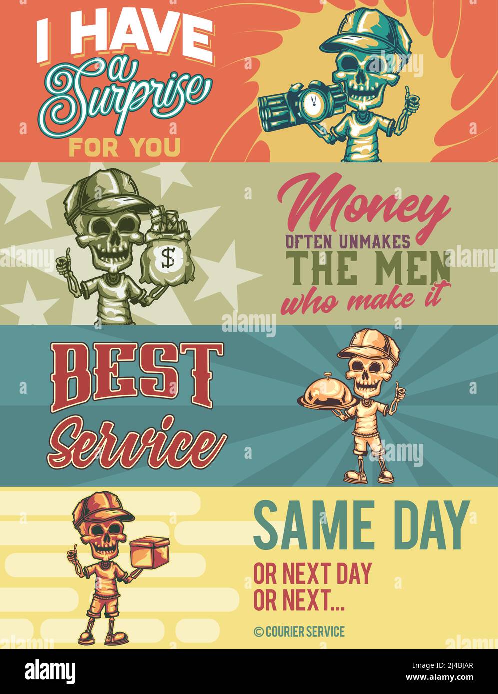 Web-Banner-Vorlage mit Illustrationen von Skelett Kurier mit Box, Essen, Geld, Bombe. Stock Vektor