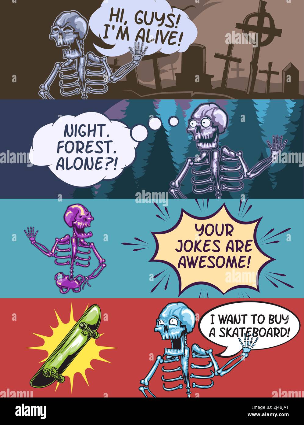 Webbanner-Vorlage mit Illustrationen von emotionalem Skelett. Stock Vektor