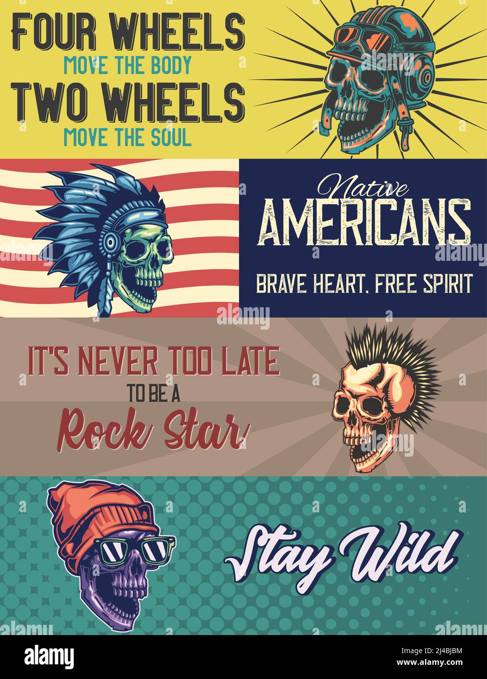 Webbanner-Vorlage mit Illustrationen eines Totenschädels mit Helm, gebürtiger amerikaner, Punk, Totenkopf mit Mütze. Stock Vektor