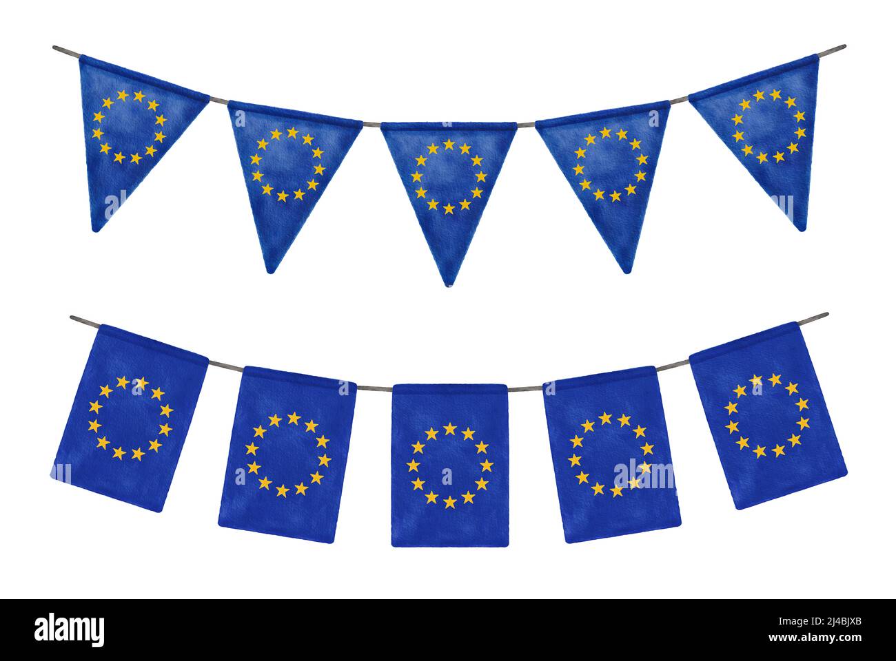 Set von blauen Aquarell EU Girlanden isoliert auf weiß. Flaggen der Europäischen Union Stockfoto