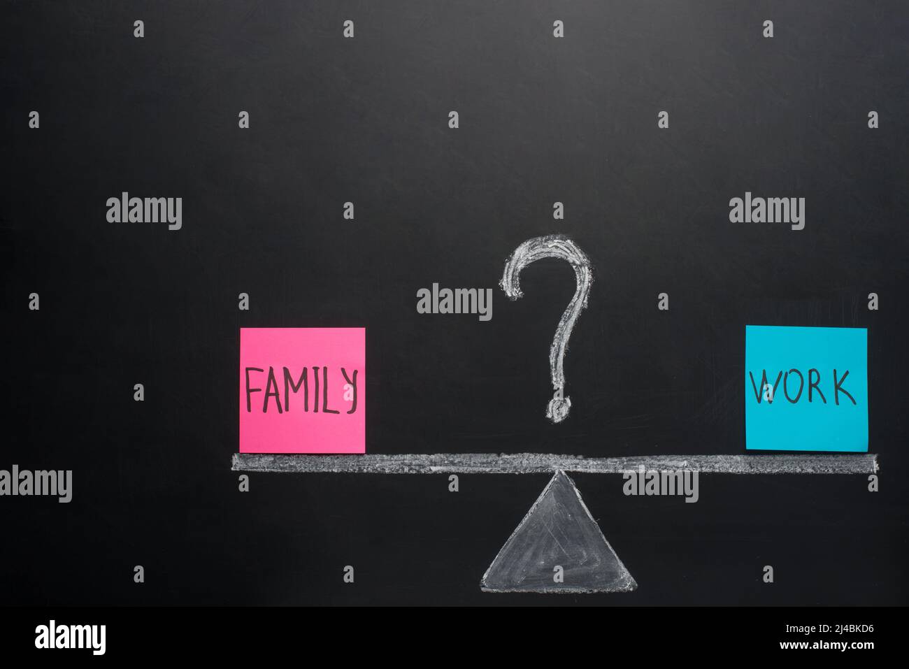 Geschäftliche Balance der Familie und Arbeit mit dem Fragezeichen. Die richtige Wahl. Stockfoto
