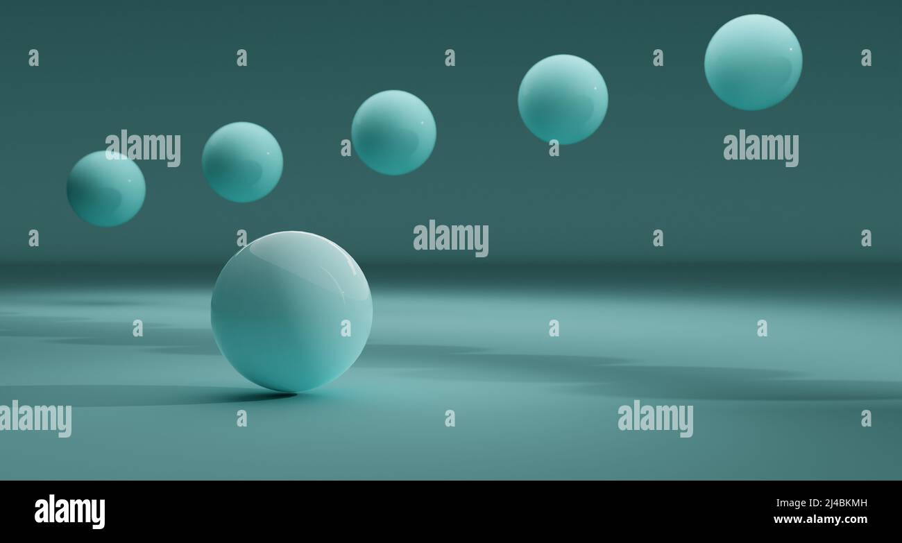 Reflektierende blaue Kugeln in abstrakter Anordnung. 3D Rendern. Stockfoto