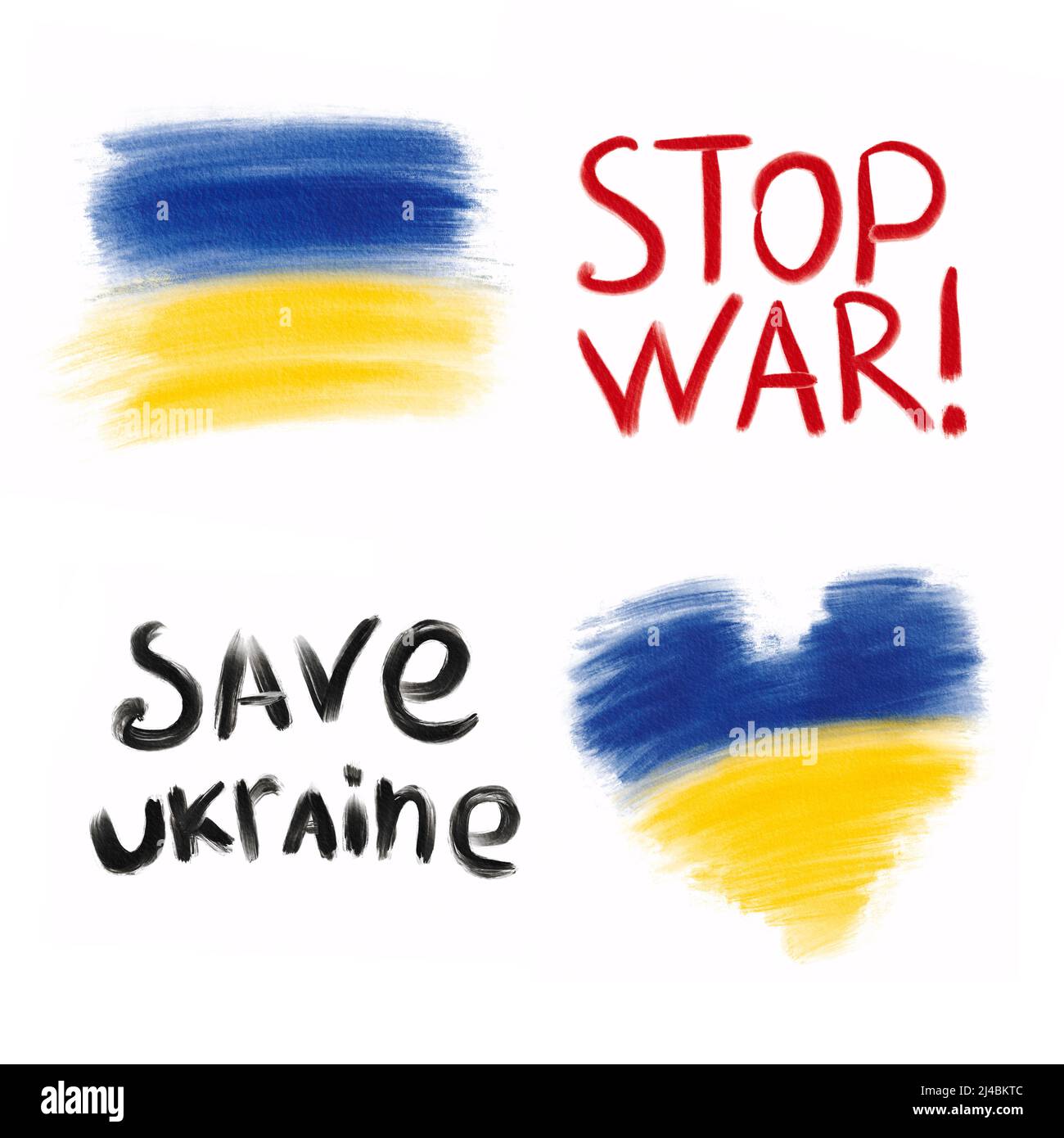 Aquarell ukrainische Flaggen und Text Krieg stoppen Rette die Ukraine Stockfoto