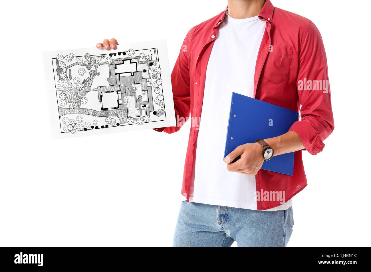 Junger männlicher Landschaftsdesigner mit neuem Projekt auf weißem Hintergrund Stockfoto