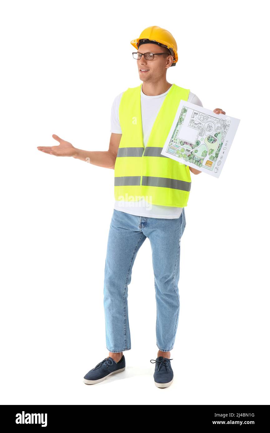 Junger männlicher Landschaftsdesigner mit neuem Projekt auf weißem Hintergrund Stockfoto