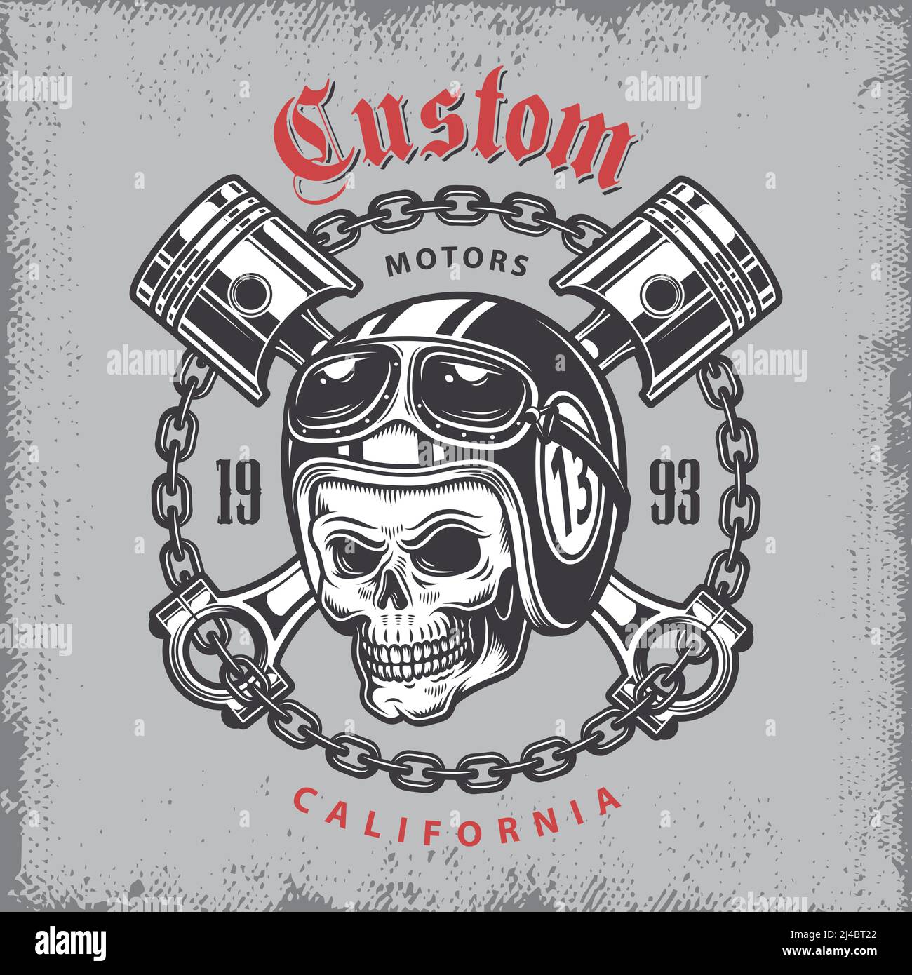 Vintage Motorrad Print mit Totenkopf im Motorradhelm und gekreuzten Kolben auf grange Hintergrund. Stock Vektor