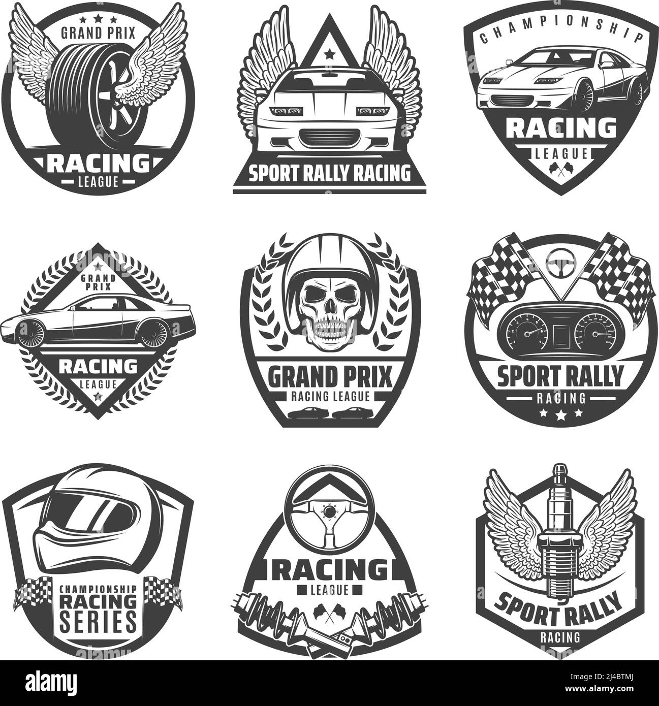 Vintage monochromen Autorennen Etiketten mit schnellen Fahrzeugen Automobil gesetzt Teile Schädel Helm Finish Fahnen isoliert Vektor Illustration Stock Vektor