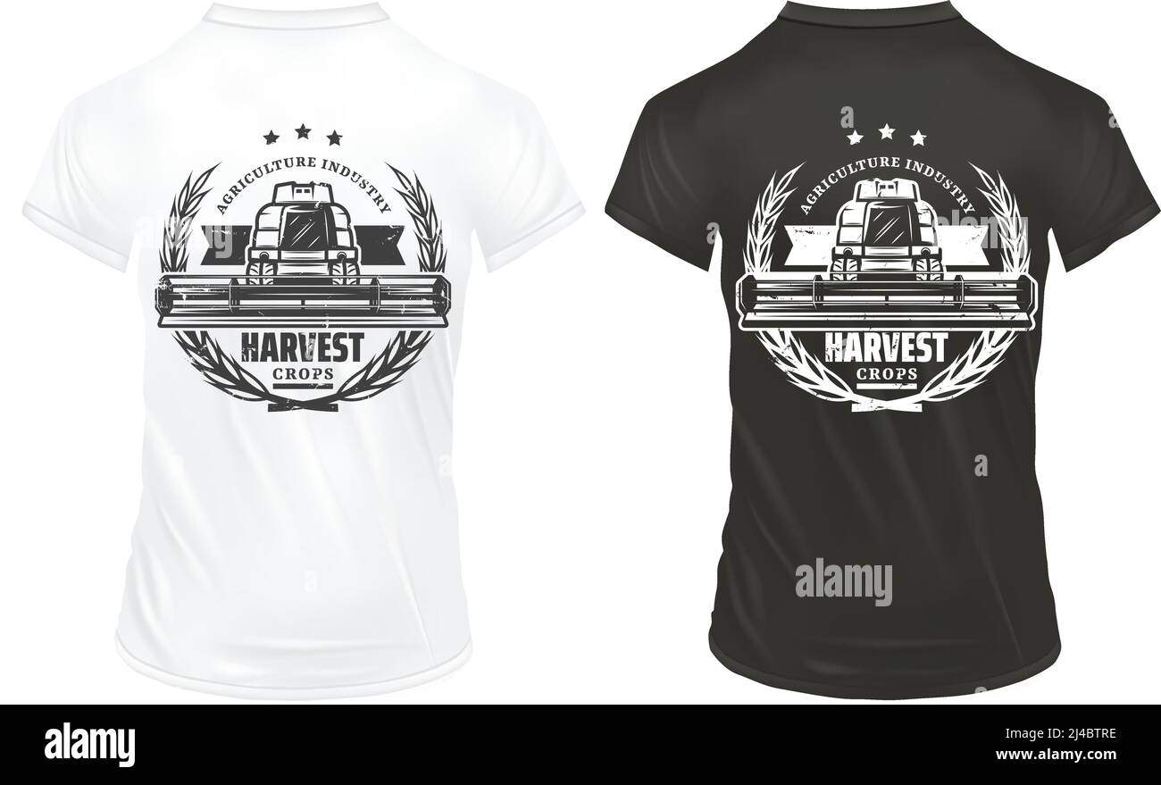 Vintage landwirtschaftliche Industrie druckt Vorlage mit Schriftzug Erntemaschine und Weizenohren auf Hemden isoliert Vektor Illustration Stock Vektor