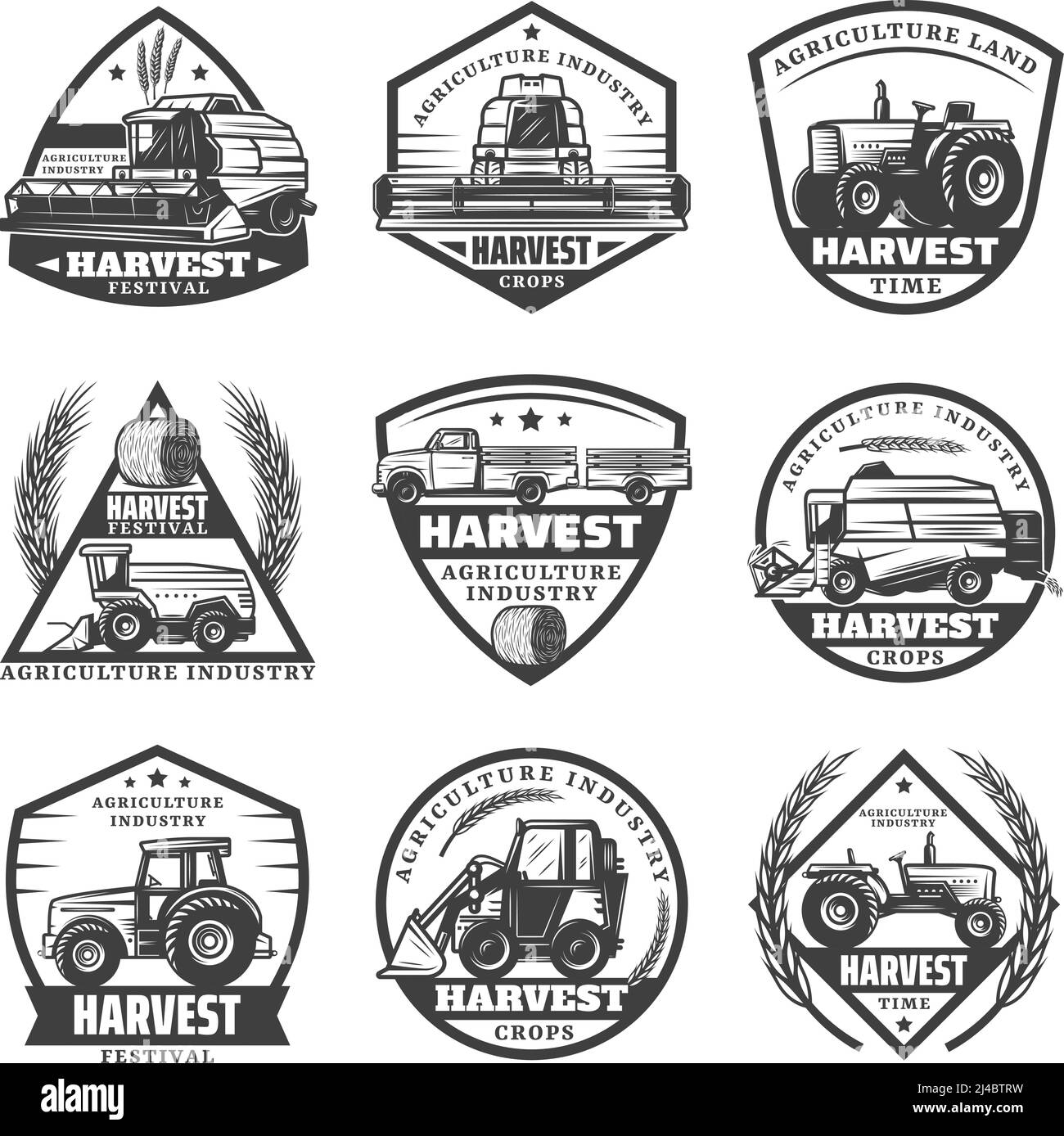 Vintage monochrome Landmaschinen Etiketten mit Mähdreschern Erntehilder gesetzt Lader Traktoren LKW für den Transport von Kulturpflanzen isoliert Vektor i Stock Vektor