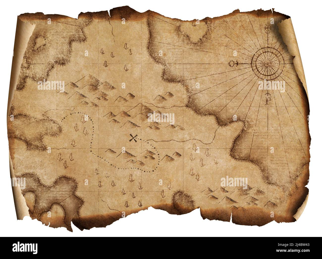 Mittelalterliche Piratenkarte mit Schätzen, die isoliert verbrannt wurden Stockfoto