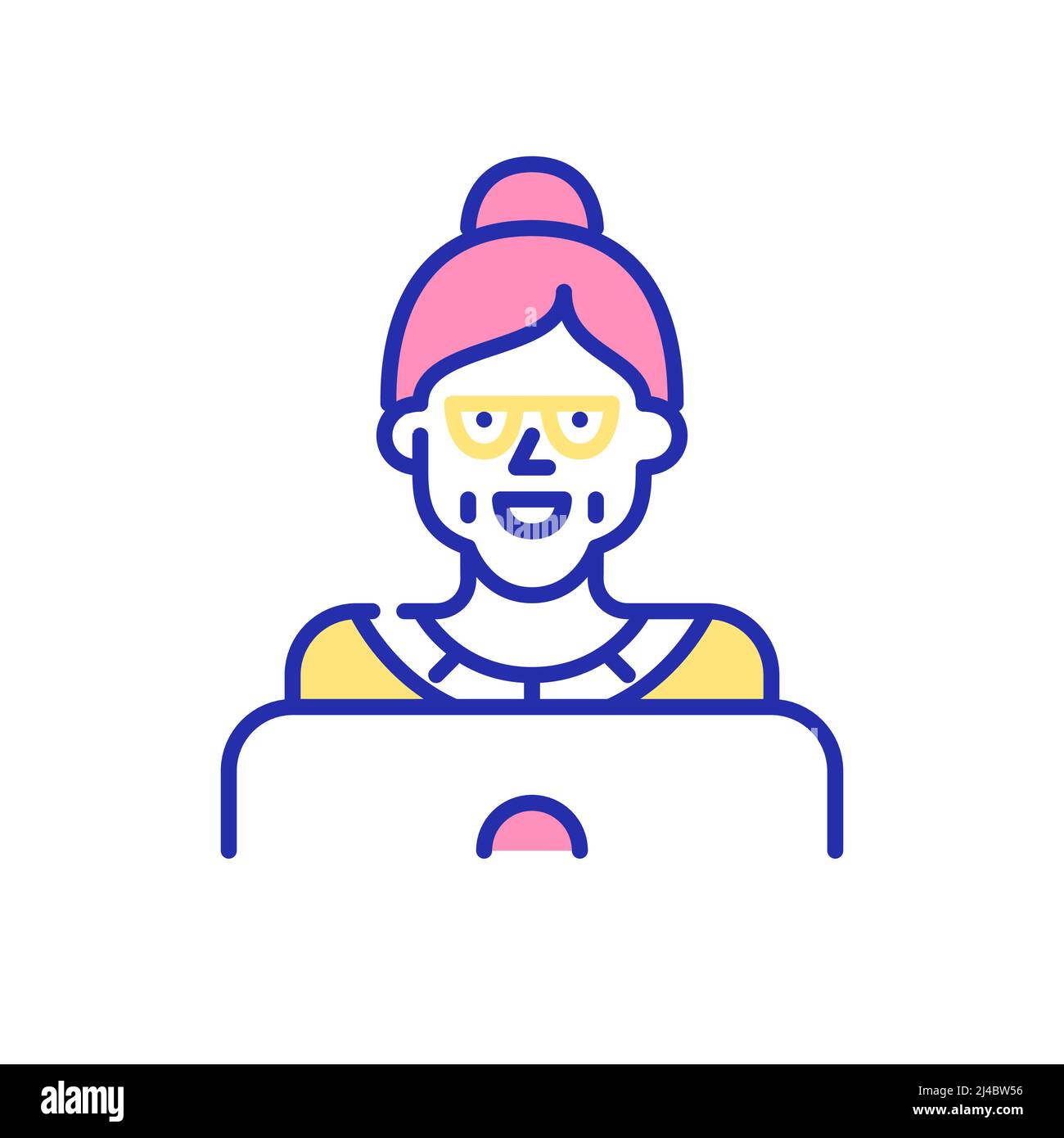 Oma trägt eine Brille und chattet in den sozialen Medien an einem Laptop. Pixel perfekte, bearbeitbare Kontur Spaß Farbsymbol Stock Vektor
