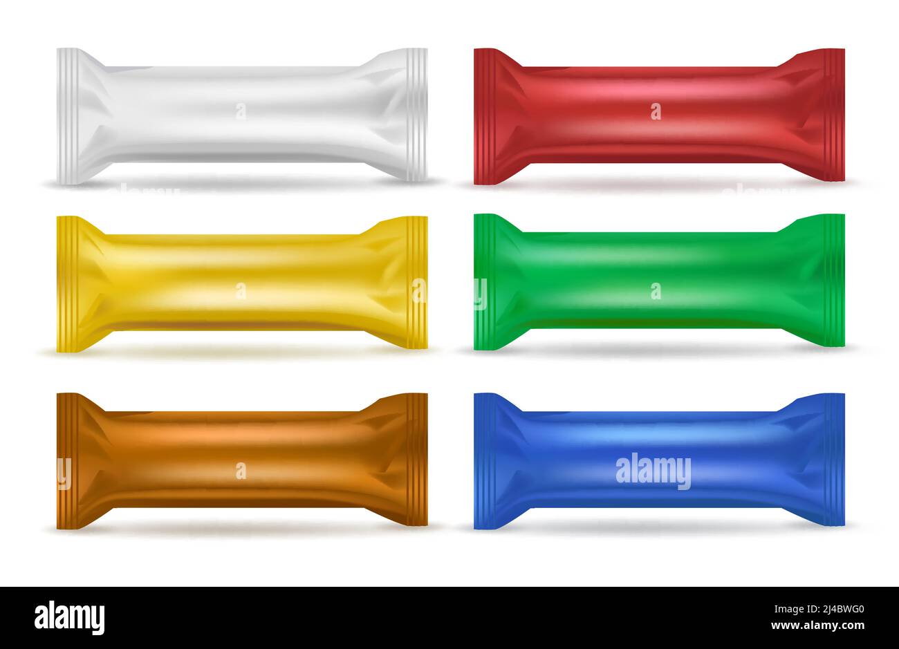 Set von sechs ähnlichen isolierten Packungen für Snacks von verschiedenen Farbe mit Schatten auf leerer Vektorgrafik Stock Vektor