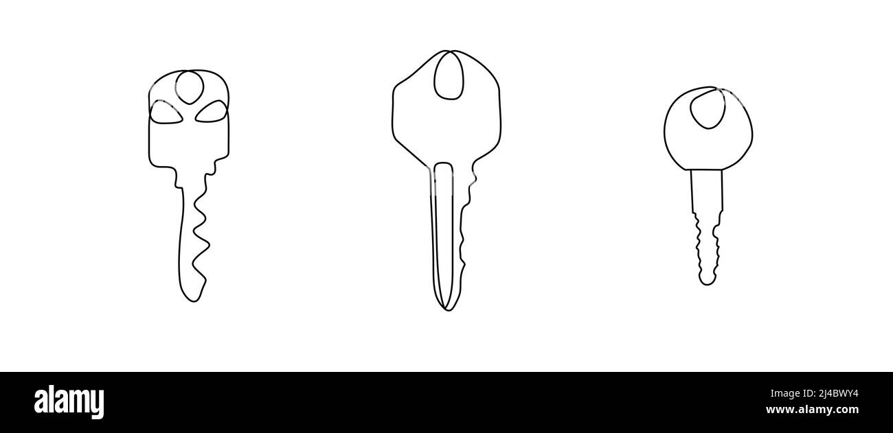 Satz von 3 einzeiligen Schlüsselzeichnungen. Kontinuierliche Linie Kunst der antiken alten Schlüssel für Immobilien. Isolierte antike Zimmerschlüssel Stock Vektor