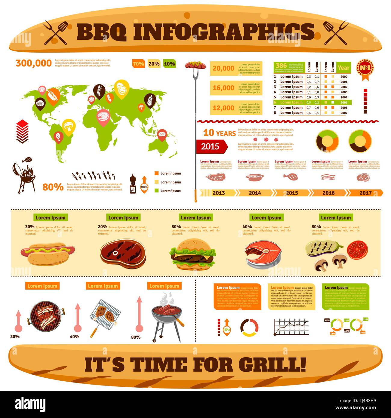 Grill Infografiken Set mit Fleisch Fisch gegrillte Steaks Symbole und Diagramme Vektordarstellung Stock Vektor