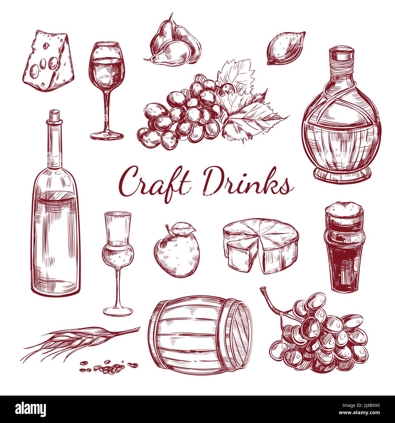 Craft Drink Sketch Elemente Set mit verschiedenen Zutaten für Wein Produktionsflaschen und Gläser isoliert Vektor-Illustration Stock Vektor