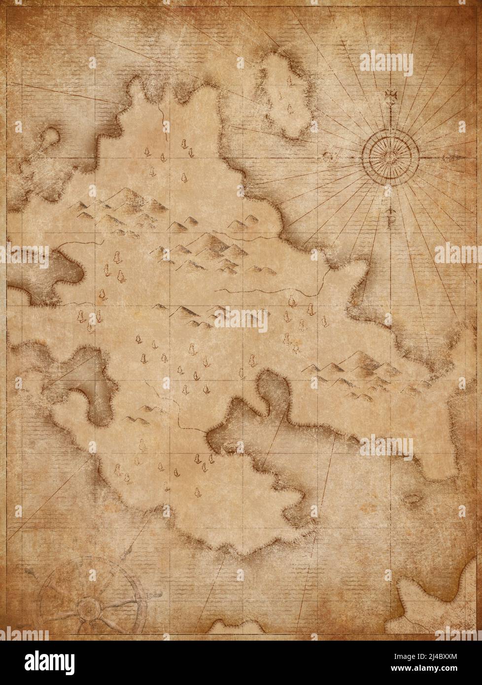 Vertikale mittelalterliche nautische Piraten Karte mit versteckten Schätzen Hintergrund Stockfoto
