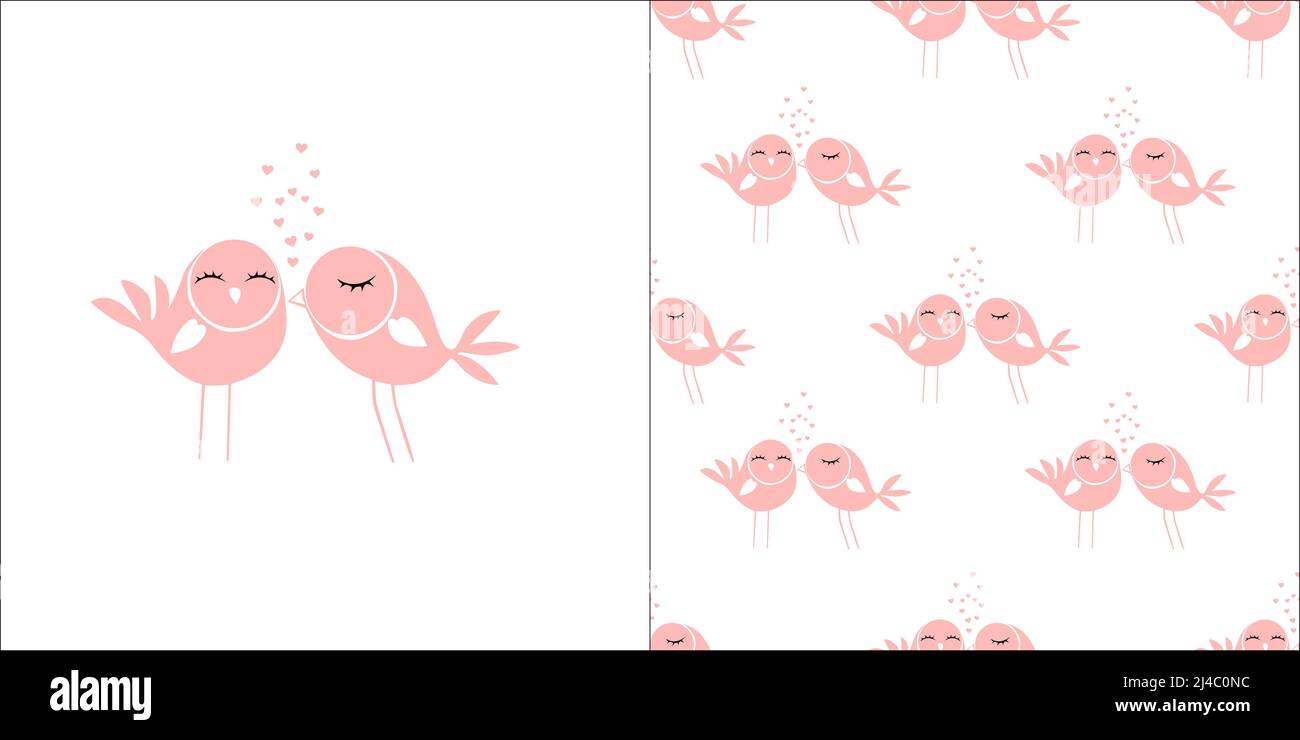 Niedliche Liebe Vögel Handgezeichnete Vektor-Illustration. Süße Küssende Vögel. Rosa kleine Vögel isoliert auf einem weißen Hintergrund. Die Herzen Fliegen Hoch. Niedlicher Valentin Stock Vektor