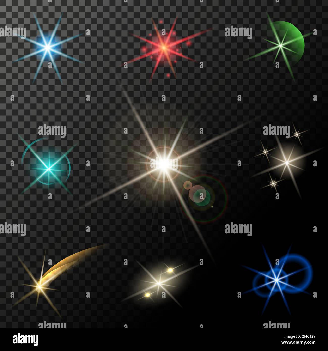 vektor glühende Lichter, Sterne und funkelt auf transparentem Hintergrund Stock Vektor