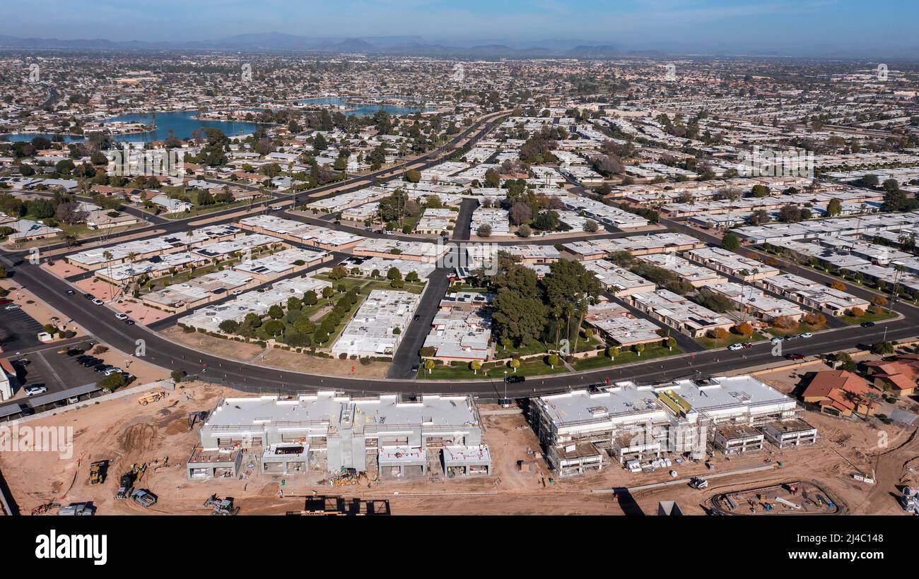 Tagesansicht des Wohnkerns und der Häuser von Sun City, Arizona, USA. Stockfoto