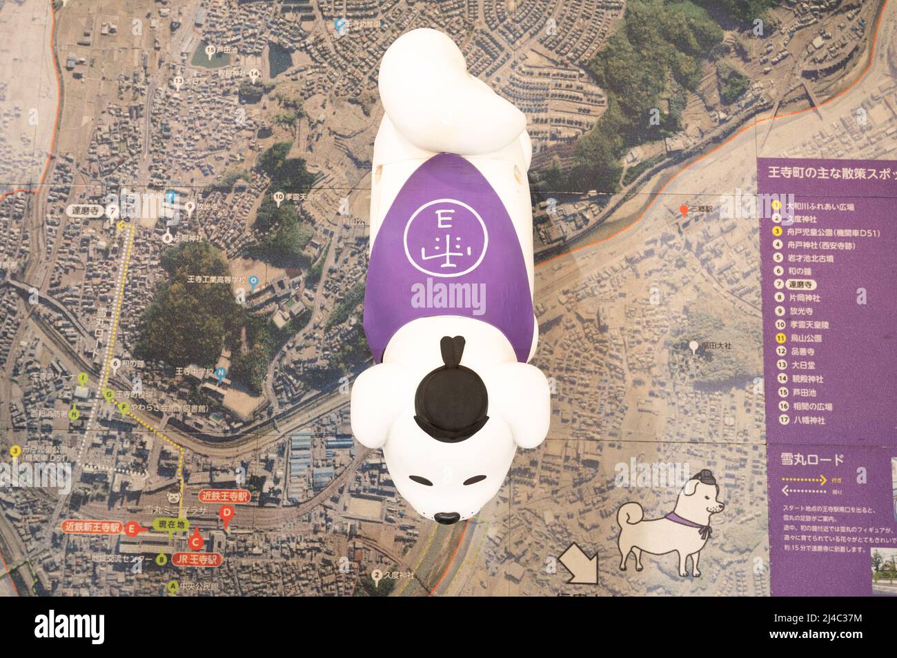 Maskottchen der fliegenden Drohne. Yukimaru Hundecharakter der Stadt Oji in der Präfektur Nara, Japan. Stockfoto