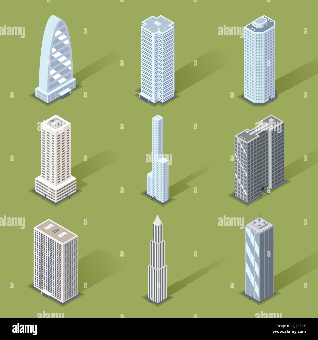 Verschiedene dreidimensionale Wolkenkratzer Grafik-Designs auf hellgrünem Hintergrund. Stock Vektor