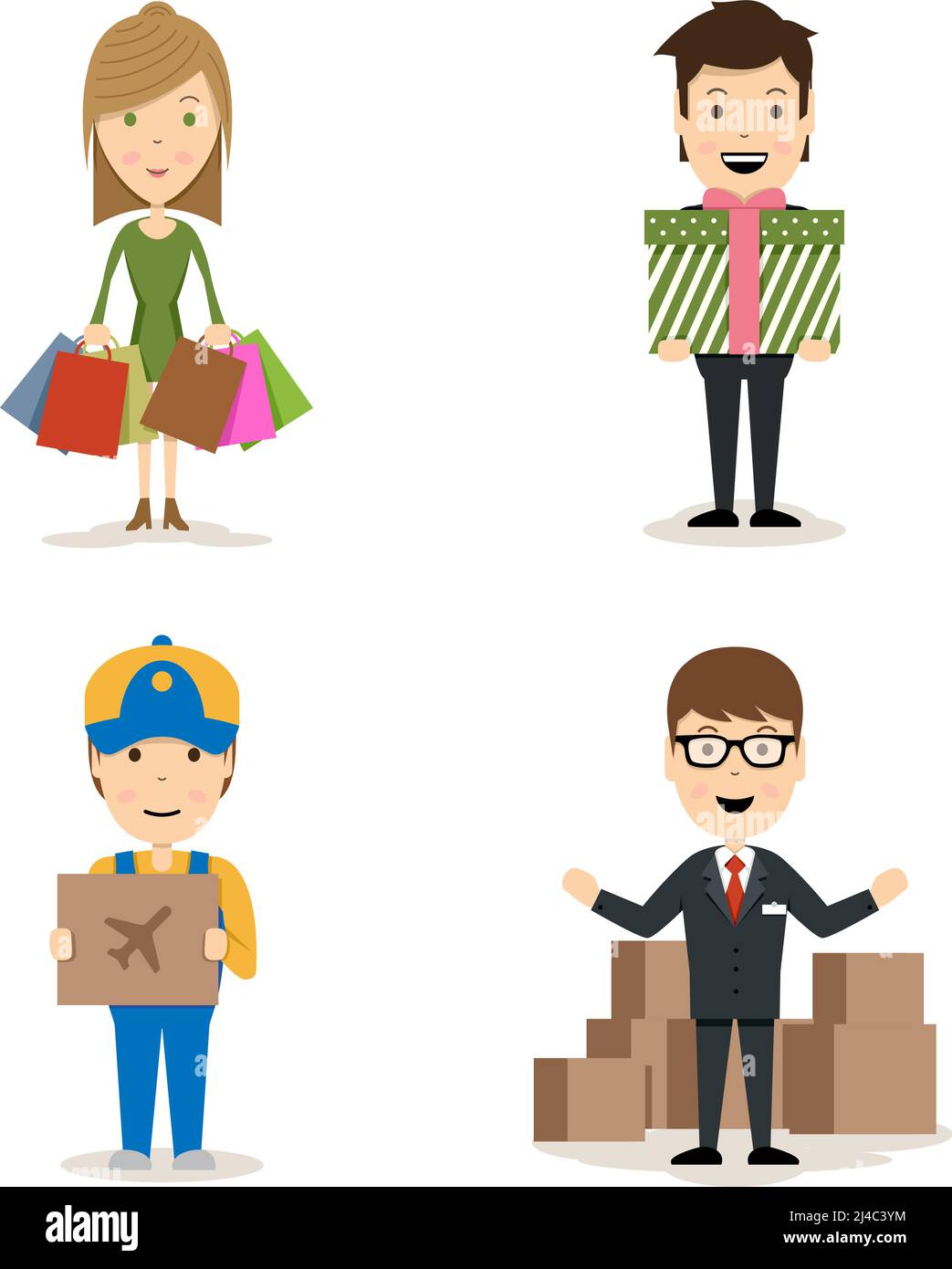 Vector Menschen einkaufen Charaktere mit einer Frau mit Taschen ein Mann mit einem Geschenk ein Lieferer mit einem Luftfrachtpaket Und ein Verkäufer, der eine Werbeaktion macht Stock Vektor